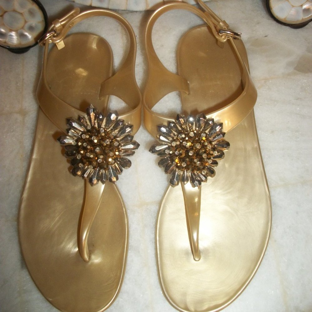 Coach Gold Hilda Sandals Stone Thong Shoe Size 8B
